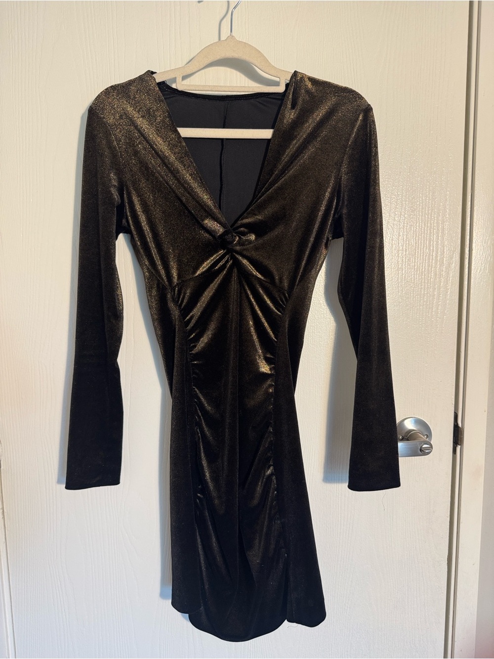 ZARA Long Sleeve Velvety Metallic Twist-Front V-Neck Women’s Bodycon Mini Dress